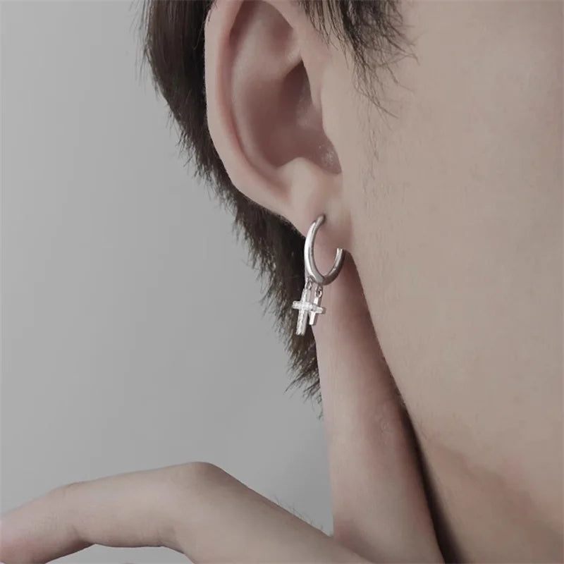 Trendy 925 Sterling Silver Earrings For Men Jewelry Classic Double Cross Drop Earrings Male Personality  Asymmetric Ear Buckle