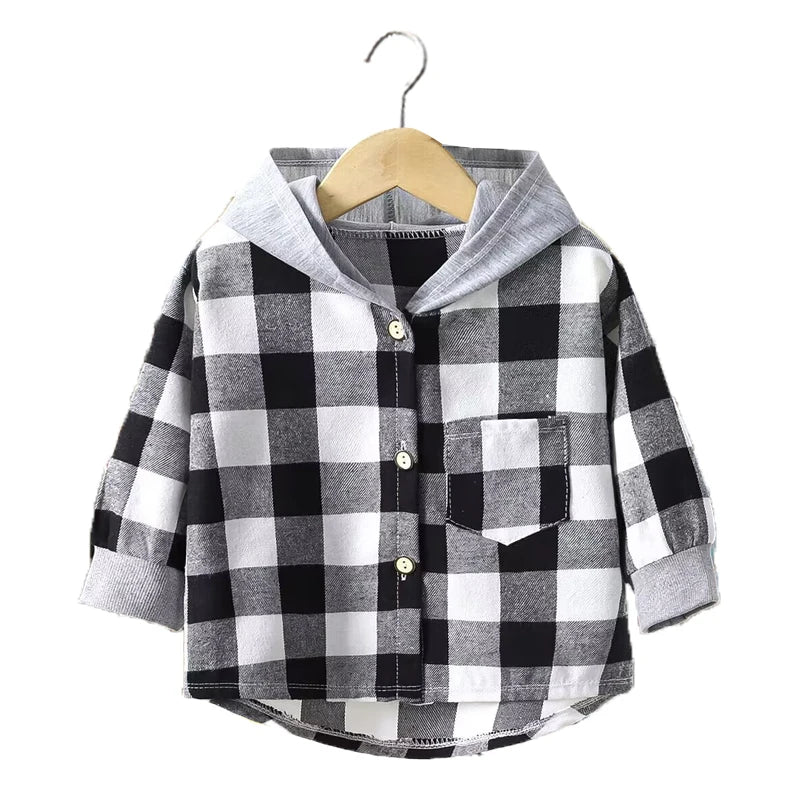 Spring and Autumn Children's Coat plaid boy shirt hooded plaid shirt 2-12 year old girl long sleeved coat baby clothes (Available)