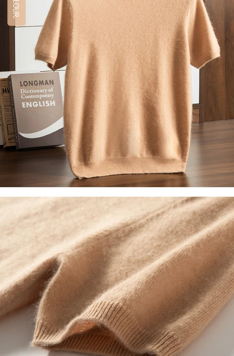 Men's T-shirt spring/Summer New Item 100% Cashmere Short Sleeved Men's Round Neck Knitted Pullover Vest Casual Men's Clothing