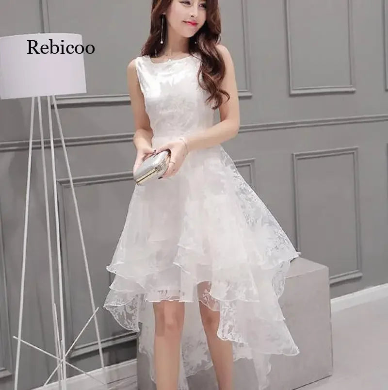 Summer High Low Retro Dress Vintage Women Sleeveless Front Back Short Long Organza Lace Dress Ladies Elegant Party Dress  (Available)