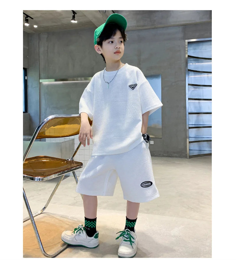 New Teenager Casual Outfits Children Trends Clothes Suits Kids Short Sleeves Tops+Baggy Pants 2Pcs