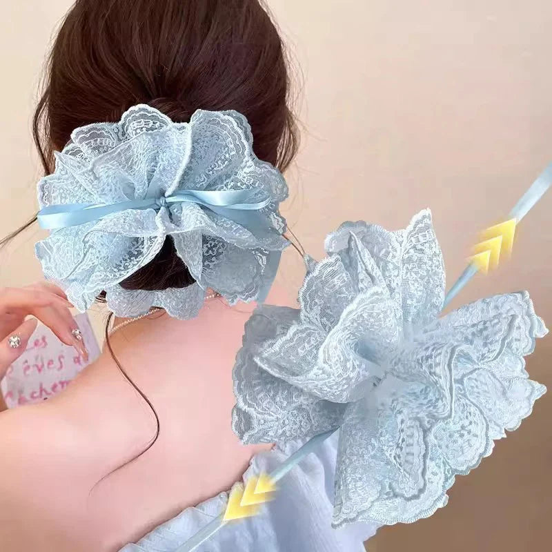 Sweet Drawstring Bow Lace Hair Scrunchies For Women Elastic Hair Bands Ponytail Holders Girl Hair Accessories