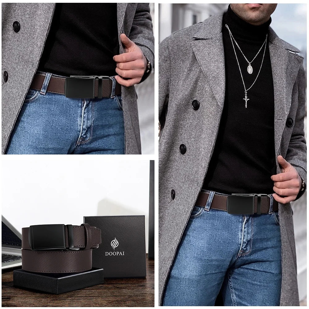 DOOPAI New Mens Belt Hollow Automatic Mens Belt Genuine Leather Luxury Belt  For Men Belt Male Strap Male Metal Automatic Buckle