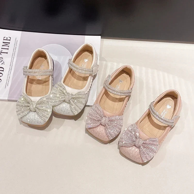 Children's Leather Shoes Bling Sequins Bowknot Princess Shoes for Girls Sweet Chic Kids Causal Wedding Shallow Versatile
