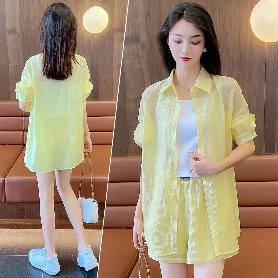 Spring and Summer Sun Protection Women's Set Stylish Loose Shirt Shorts High-end Elegant Women's Three Piece Set