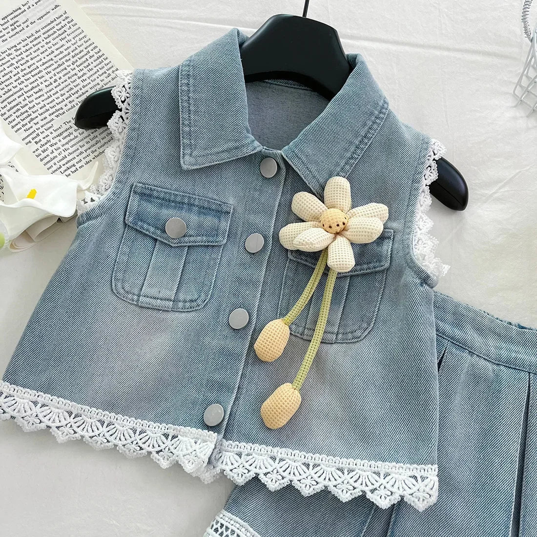 New Baby Girl Summer Denim Set, Children's Lace Splicing Top and Skirt Set