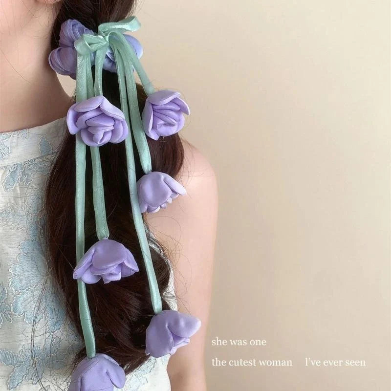 Elegant Floral Tulle Scrunchie With Fringe Detailing Headbands Rope Hair Band For Everyday Styling