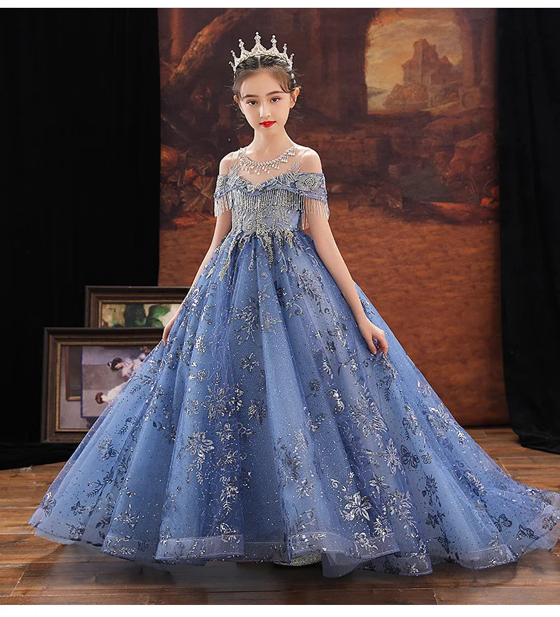 Girl Elegant Off Shoulder Dress Fashion Runway Show Luxurious Princess Dresses for Girls Birthday Party Long Kids Vestidos (Available)