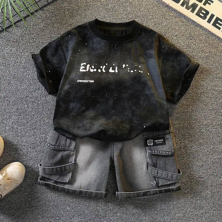 New Boys Sleeveless Vest Denim Shorts 2PC Sets Outdoor Festival Clothing Vintage Print Kids Miracle Design 2-10 Years White Tops