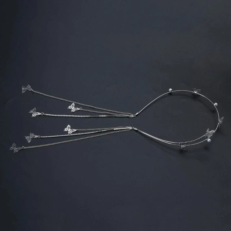Shinning Silver Color for Rhinestone Thin Side Headband Long Sparkly Tassel Hair Hoop Fashion Women Hairstyle Headwear