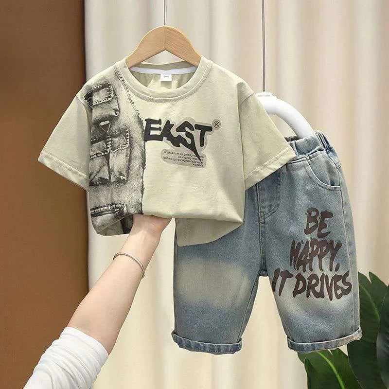Boys Summer Clothing Set Letter Print Short Sleeved T-shirt+Denim Shorts 2Pcs Suit For Kids Handsome Casual Outfit