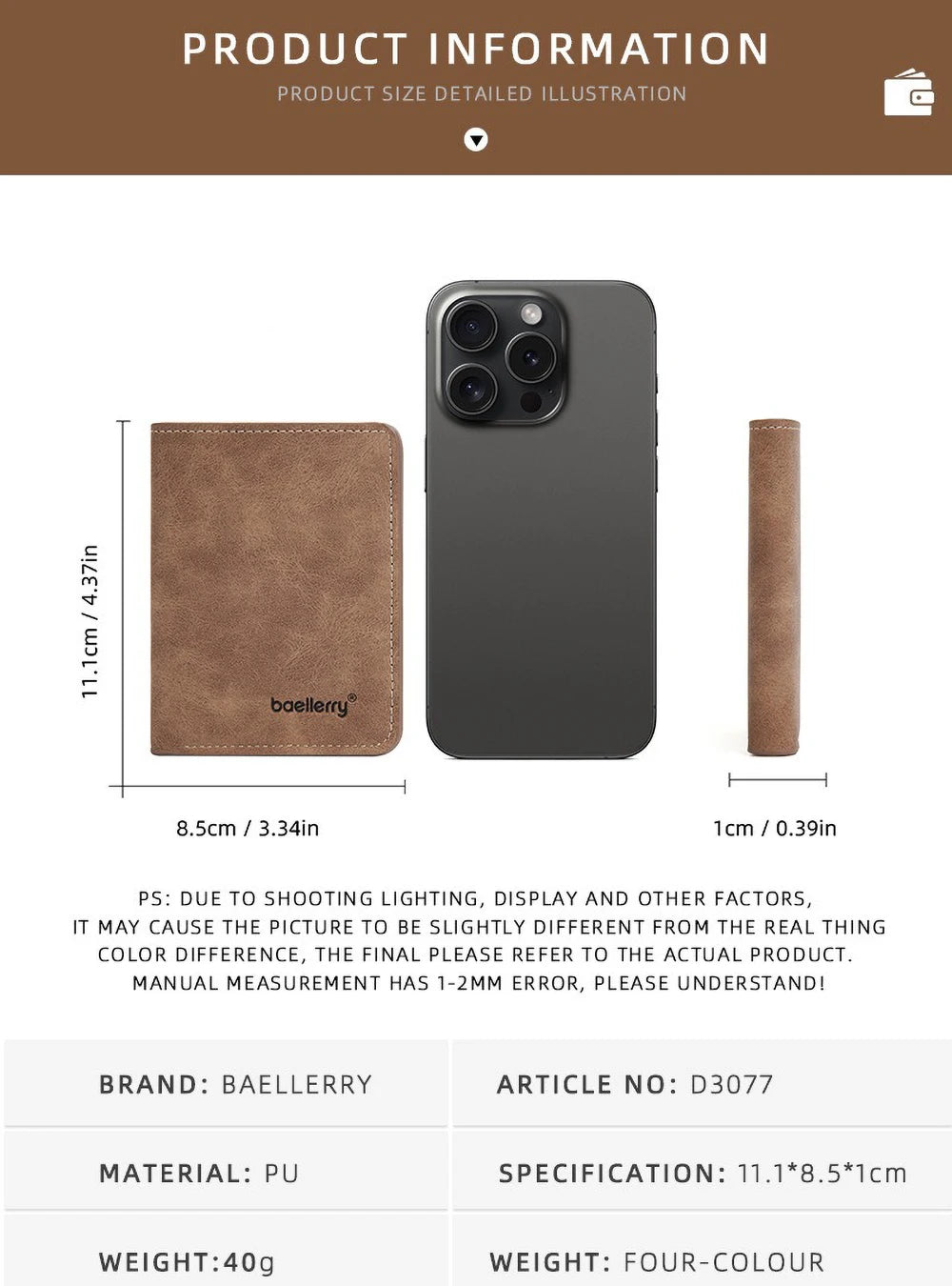 Baellerry Wallet for Men PU Leather Front Pocket Minimalist Money Clip Travel Essentials