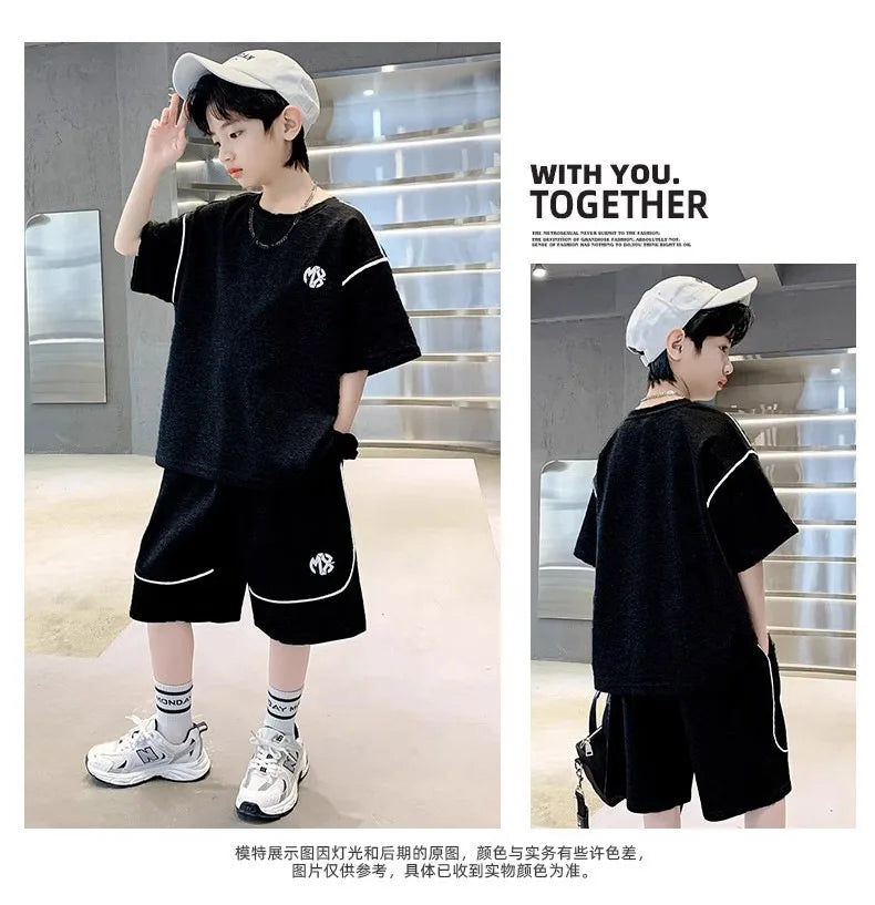 Boys Suit Child set Clothes Short-Sleeved loose black t-shirt + half pants Teenager Tracksuits Kids 8 10 12 year
