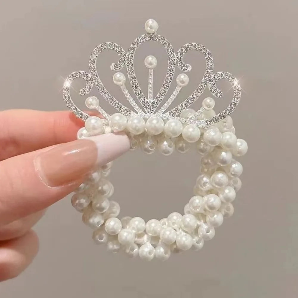 Fashion Pearl Crown Princess Cute Kids Hair Bands Elastic Rubber Bands