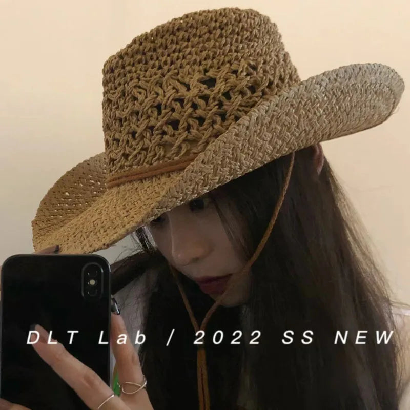 Panama Hat Summer Sun Hats for Women Man Hollow Out Beach Straw Hat for Men UV Protection Cap Chapeau Femme Women's Cowboy Hat