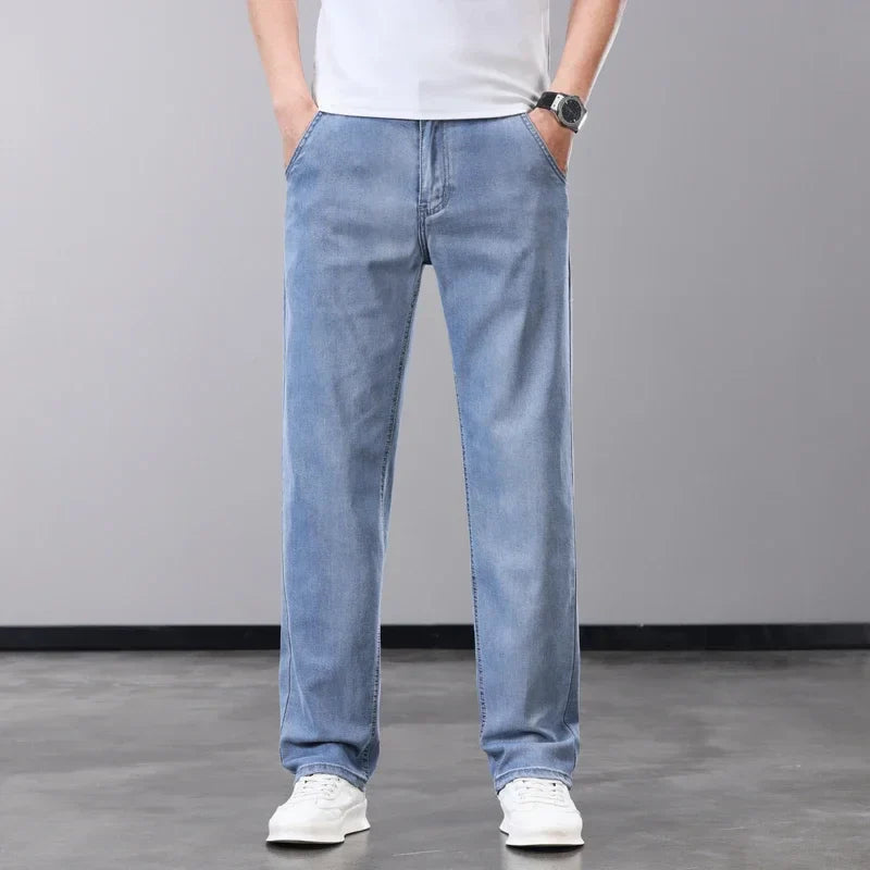 Summer Thin Men's Jeans Lyocell Fabric Soft Breathable Straight Denim Pants Brand Man Elastic Ice Silk Casual Trousers Grey Blue (Available)