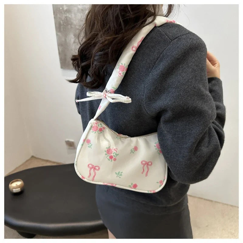Women's Bags  Summer Nylon Pleated Handbags Armpit Bag Korean Floral Bow Printed Zipper Tote Bag Female Small Shoulder Bags