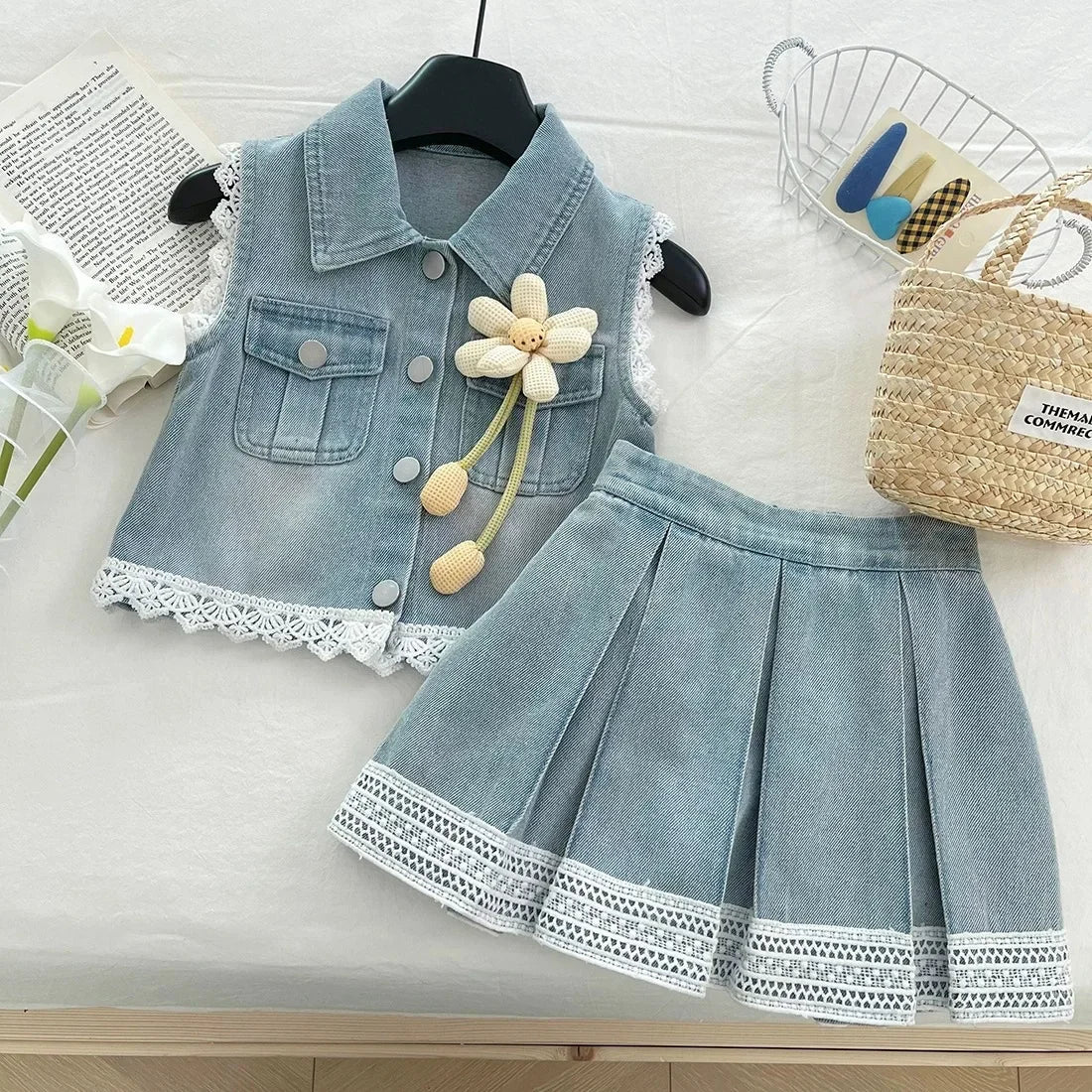 New Baby Girl Summer Denim Set, Children's Lace Splicing Top and Skirt Set