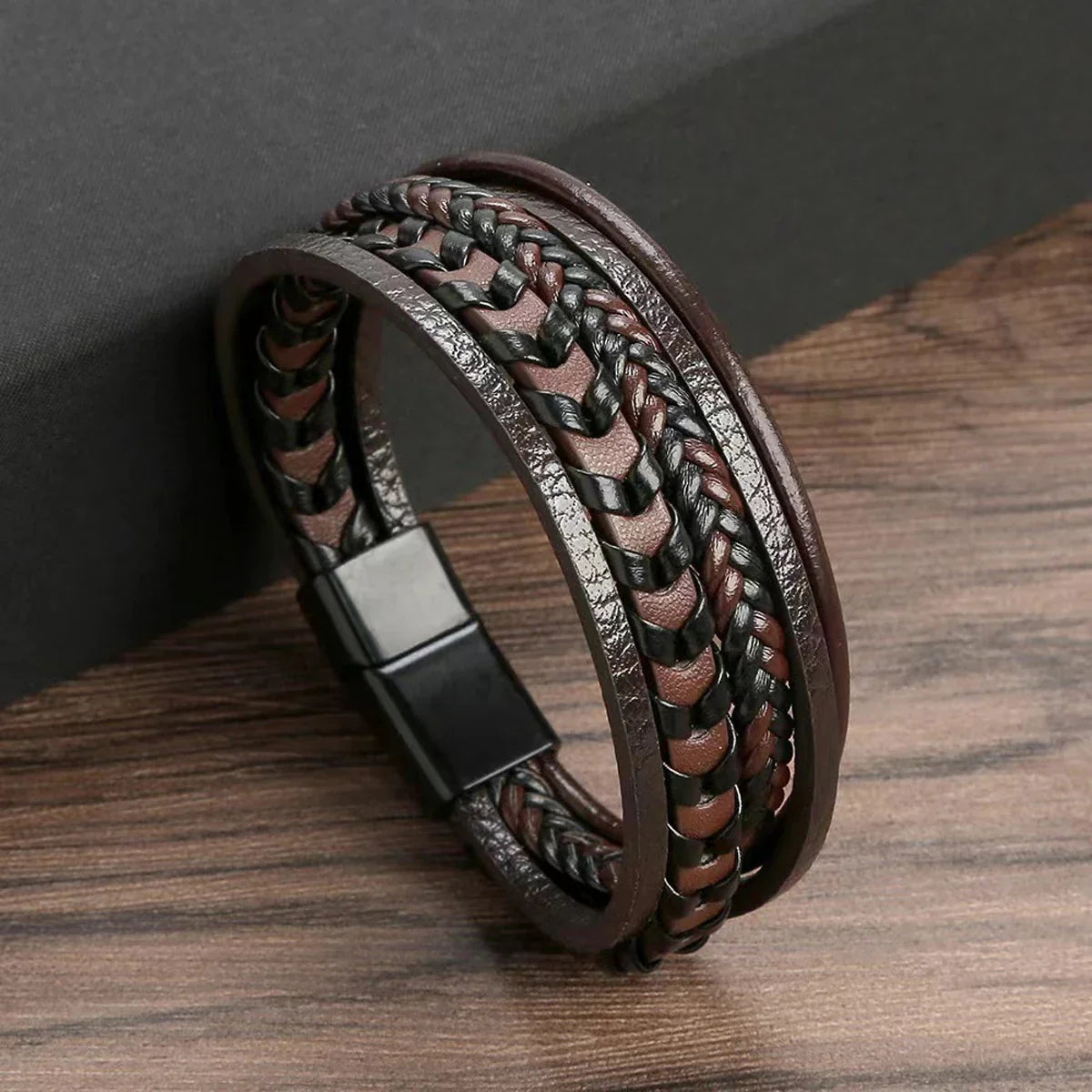 1pc Fashion Accessories MEN'S Multi-layered Vintage Leather Rope Braided Bracelet Alloy Magnetic Buckle Bracelet (Available)