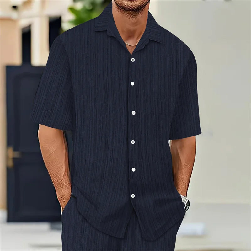 Men's Casual Short Sleeve Shirt Lightweight Men Breathable Summer Fashion Tops Solid Turn-Down Collar cardigan daily Male Shirts