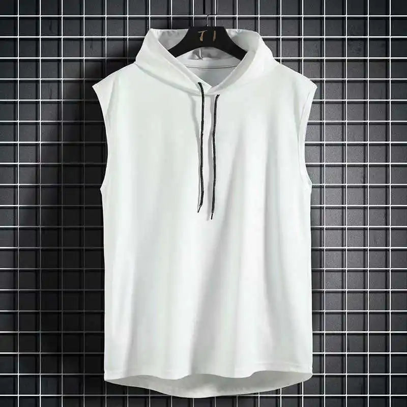 Summer men's sleeveless hooded vest, casual style solid color versatile T-shirt
