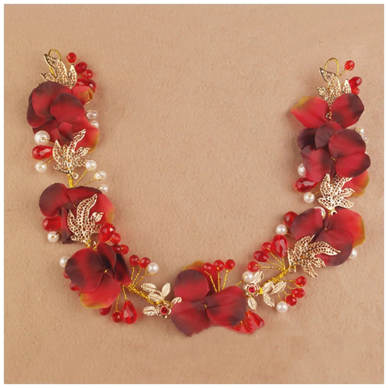 Artificial Flower Hairband Wedding Tiaras For Women Red Floral Pearl Headband Elegant Girls Hair Hoop Bridal Headwear Jewelry