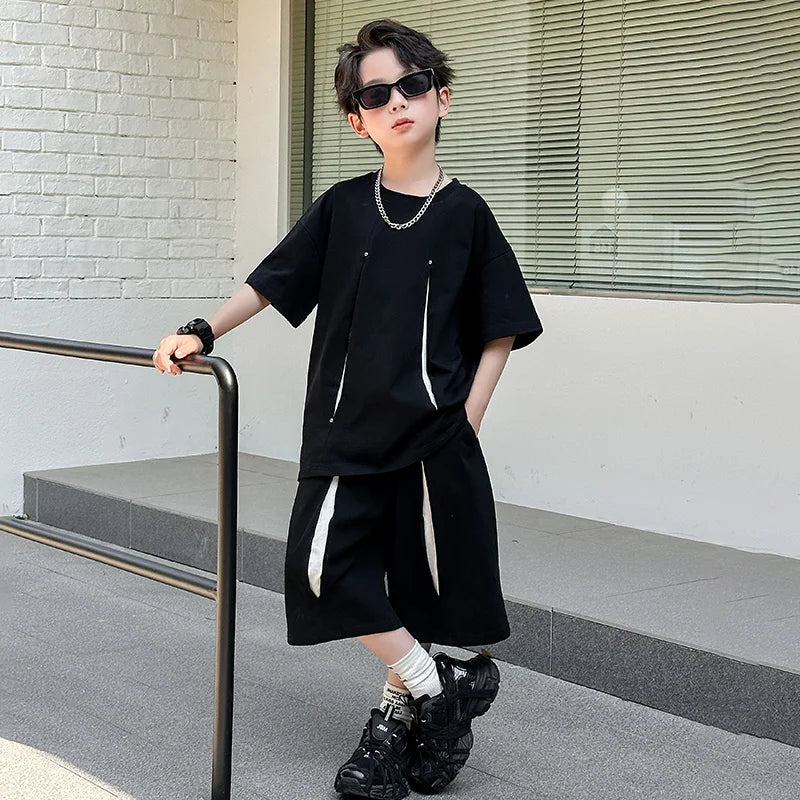 American Kids Design Double Cotton Gauze Clothing Set For Teenage Boy Casual Summer Top and Bottom Clothes Set Child Tracksuit