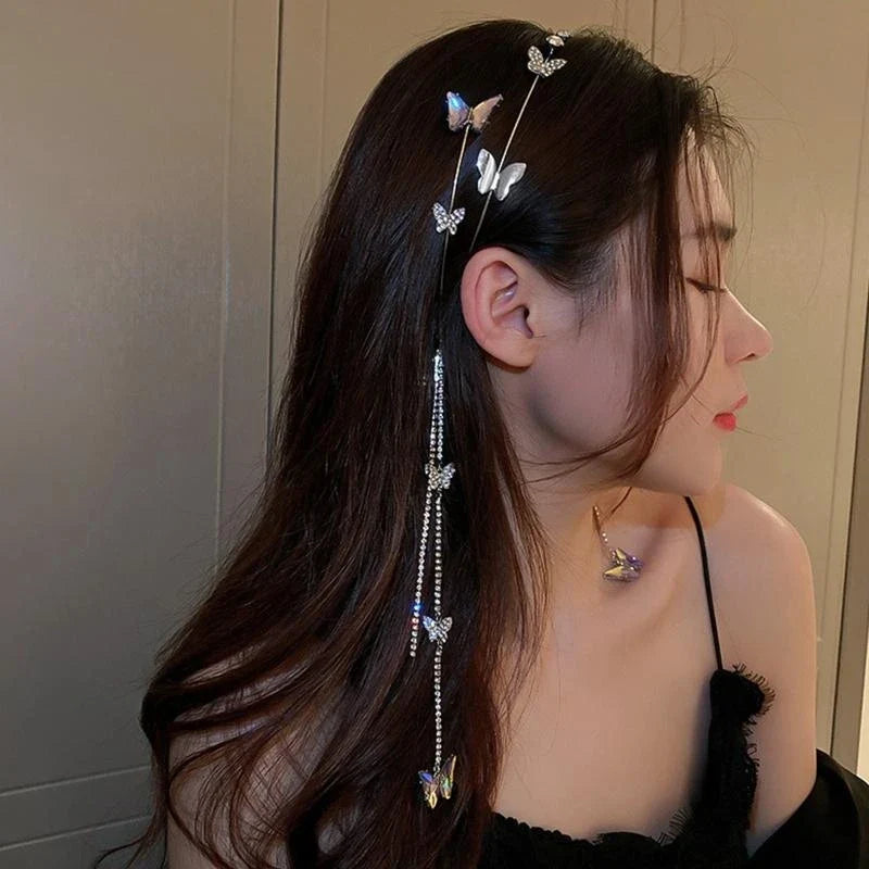 Shinning Silver Color for Rhinestone Thin Side Headband Long Sparkly Tassel Hair Hoop Fashion Women Hairstyle Headwear