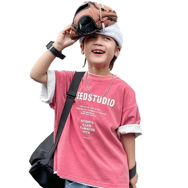 Pure Cotton Children's Short Sleeved Simple Trendy Letters Faded and Worn Half Sleeved T-shirts Boys Girls Stylish