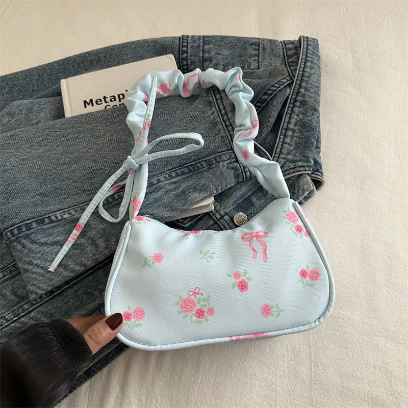 Women's Bags  Summer Nylon Pleated Handbags Armpit Bag Korean Floral Bow Printed Zipper Tote Bag Female Small Shoulder Bags