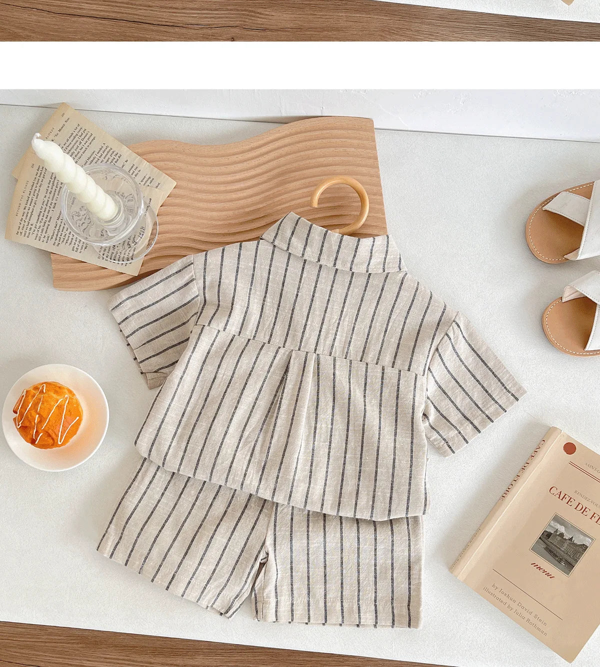 Set Children Unisex Summer New Style Cotton Stripe Pocket Shirt Polo Collar Shourts Fashion Casual Brief Versatile Korean