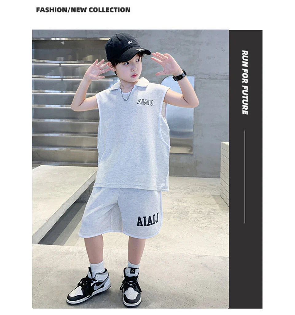 Boys Clothing Set American Style Children Vintage Vest Casual Sport Loose Pullover Sleeveless T-shirt Top Shorts Two-piece Set