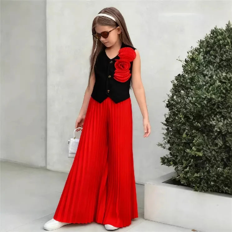 Little Girls' Color - Block Fashion Two - Piece Set: 3D Floral Sleeveless Vest + High - Waisted Pleated Wide - Leg Pants
