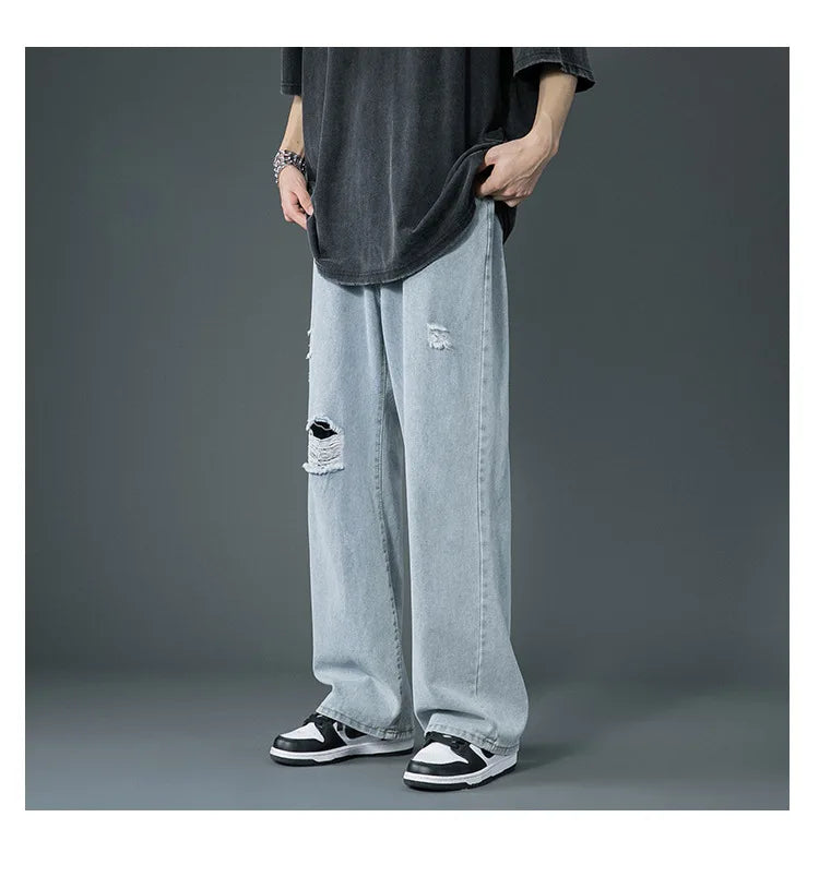 Ripped Jeans Men Ins Trendy Straight Leg Loose Wide Leg Pants High Waist Floor Mopping Denim Pants Versatile Casual Pants Men's
