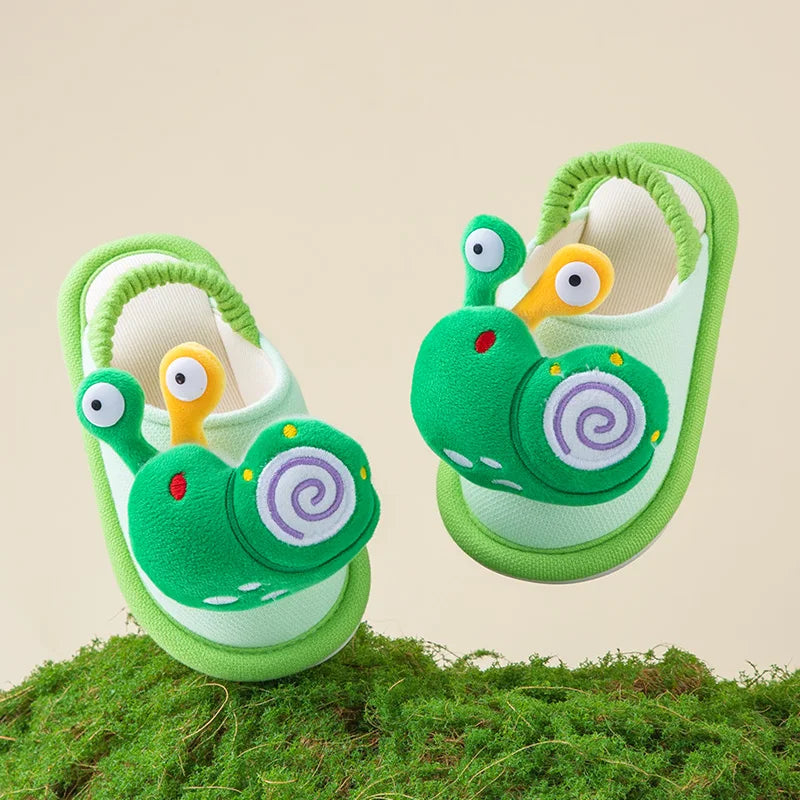 Cozy Fall & Winter Slippers for Boys and Girls, Cartoon Snail Design, Adjustable Heel Strap
