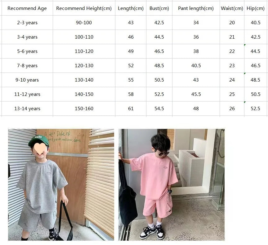 Summer Casual Boys Cotton Loose Alphabet T-shirt Tops+Short Pants Set School Kids Tracksuit Children 2-Piece Outfit Suit 2-14Yrs