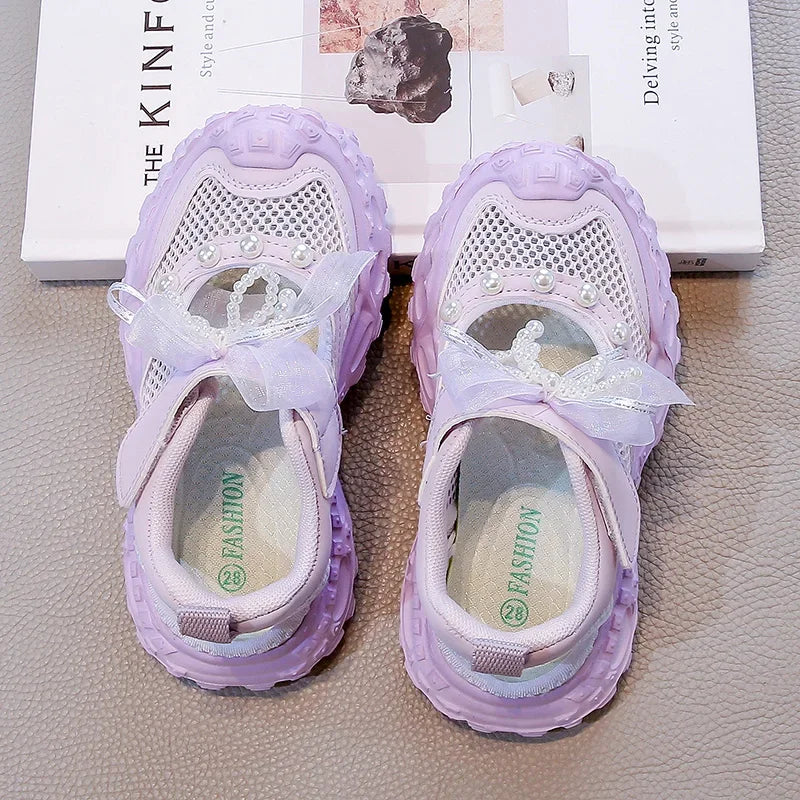 Summer Children School Running Sandals Sweet Breathable Girls Mesh Sports Sandals Non-slip Fashion Kids Princess Cut-outs Shoes