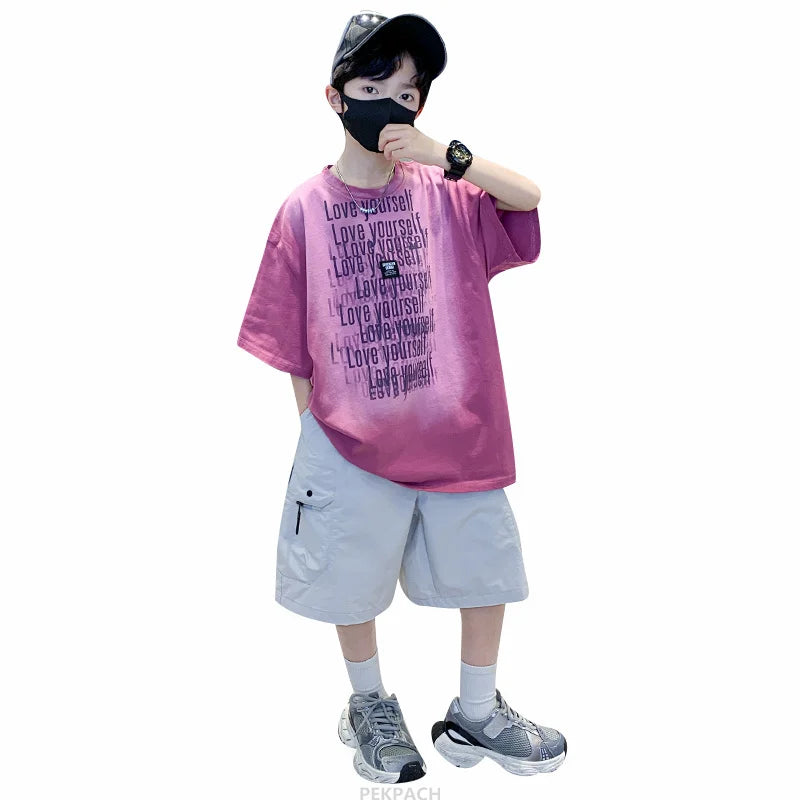 Summer Kids Outfit Sets for Boys Short Sleeve T-shirt Shorts 2PS Clothing Set Tweens Child Tracksuit Top and Bottom Clothes Set  (Available)