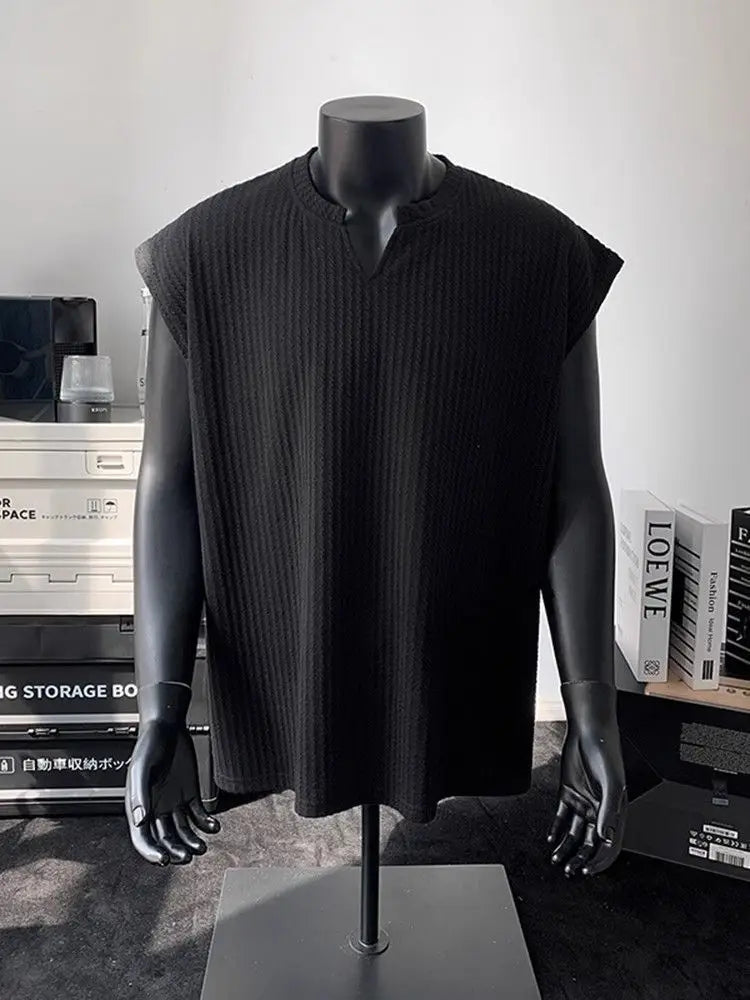 Striped Vest Men's Summer American Sleeveless V-Neck T-Shirt Textured Solid Fitness Sweatshirt