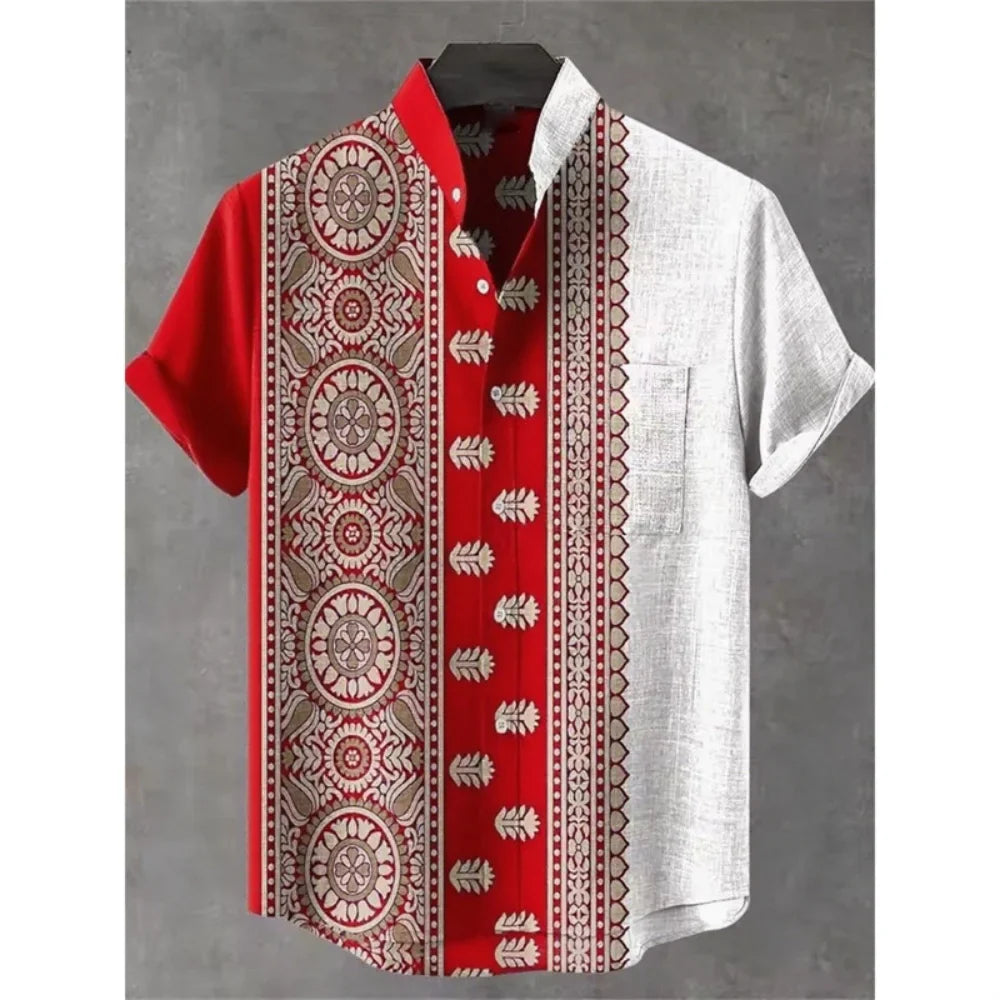 Men's summer shirt, fashionable stand up collar short sleeved cardigan, ethnic tribal printed pocket, linen breathable men's top   (Available)