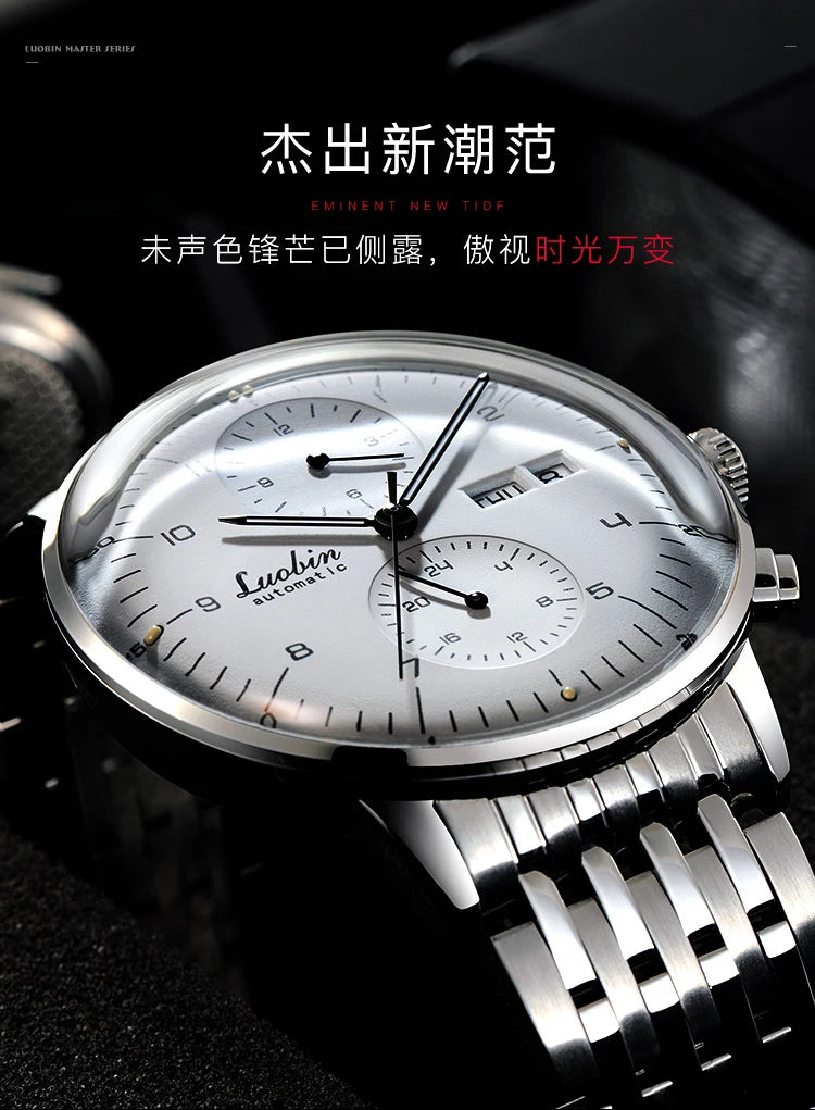 Mens Business Watch Mechanical Movement Multifunction Chronograph Stainless Steel Waterproof Automatic Calendar Sapphire
