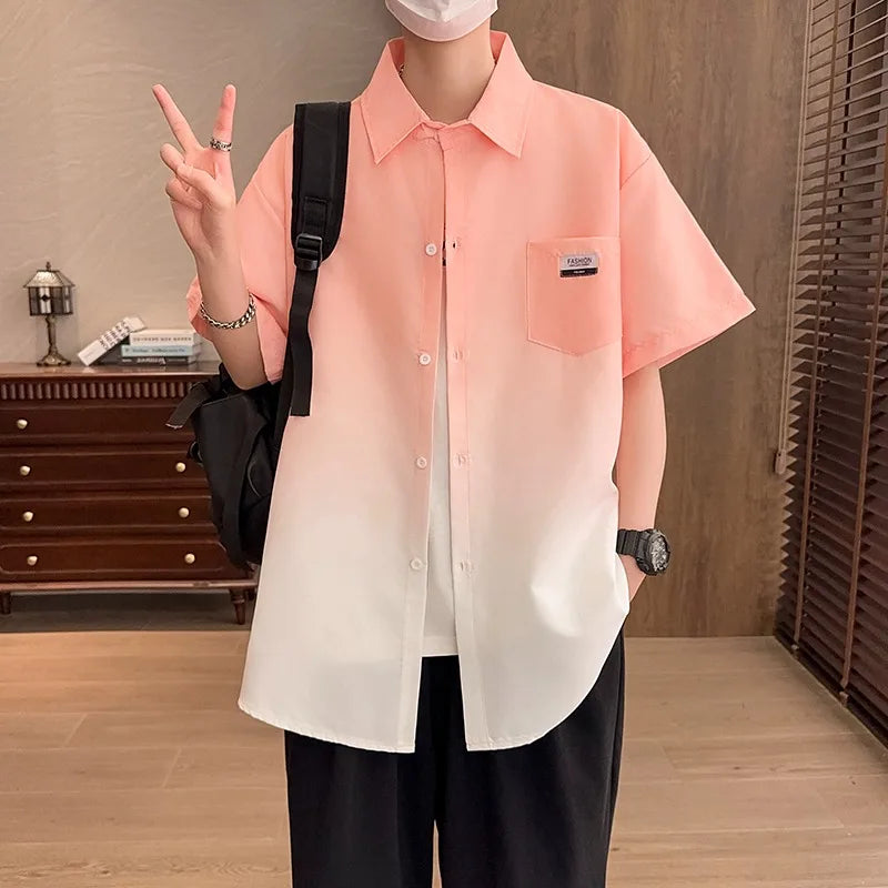 Short sleeved shirt for men, summer gradient loose shirt, retro casual trend, solid color, color blocked half sleeve