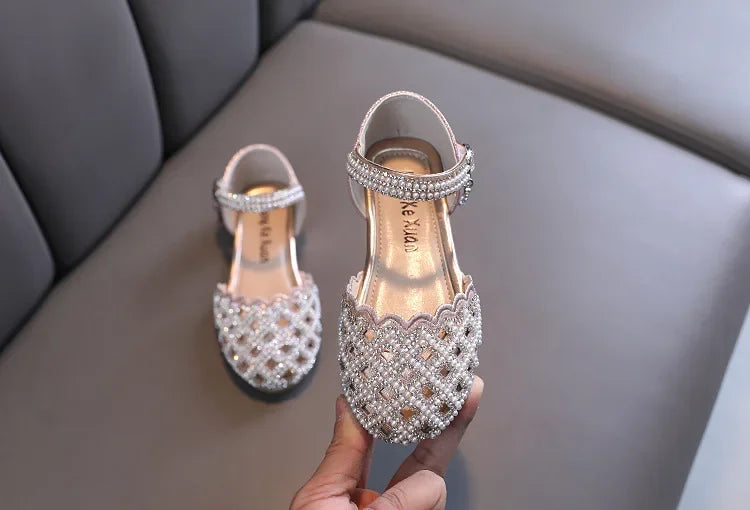 Children Spring Summer Korean Version Dance Shoes Girls Pearl Show Shoes Girl Rhinestone Princess Lace Leather Shoes Solid Color