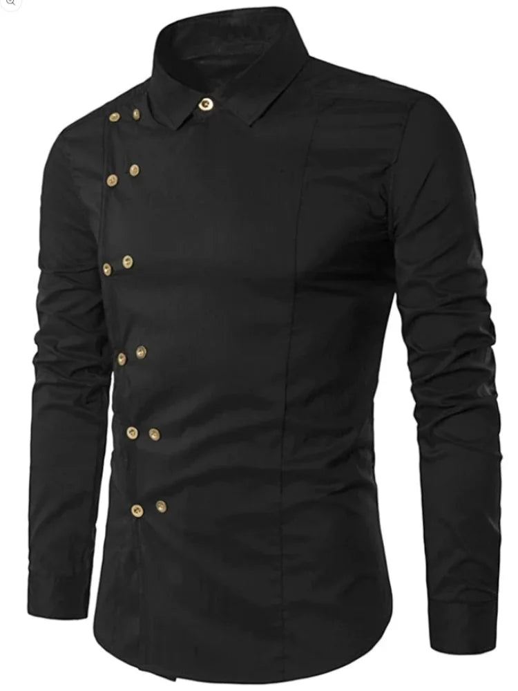 Men's Long Sleeve Shirt with Irregular Design Casual Versatile Shirt Stand Up Collar Double Breasted Fashion Shirt