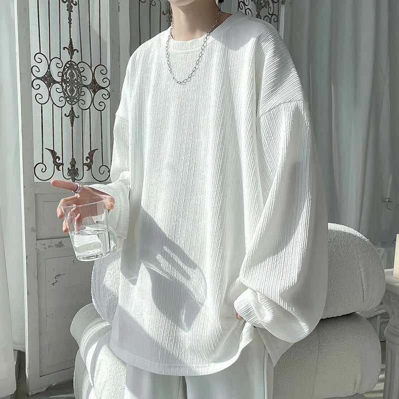 Men's Long Sleeve T-Shirt - Classic Versatile Spring/Autumn New Student Korean Style Loose  Drape Trendy Niche Solid Color Top