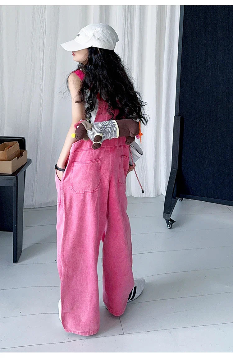 Luxury Kids Pink Denim Dungarees Bib Jeans for Teens Girl Casual Suspender Jumpsuit Child Fashion Jeans Overalls