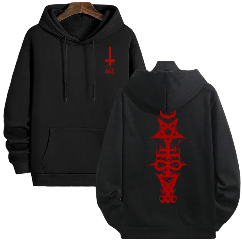 Mens Gothic Hoodie Satanic Symbol Print Street Fashion Warm Pullover Autumn Winter Male Home Outdoor Comfort Casual Sweatshirt