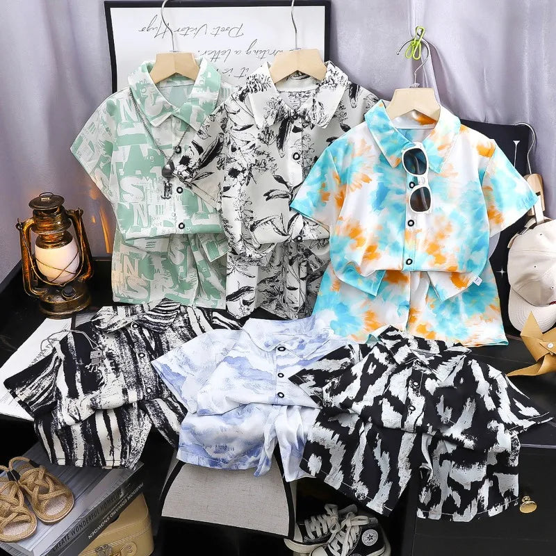 Childrens Summer Beach Outfit Boys Short Sleeve Shirt and Shorts Two Piece Set Casual Baby Clothes Toddler Clothing