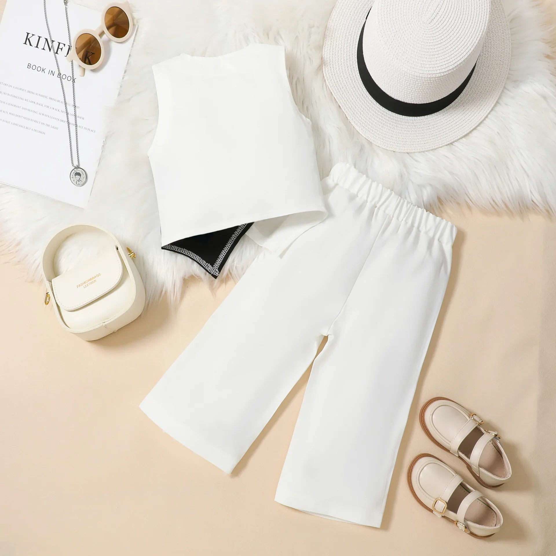Summer Baby Girl Suits Toddler Clothes Set Black Whit Vest Wide Leg Trousers Flare Pants Kids Outfit Elegant Fashion Children