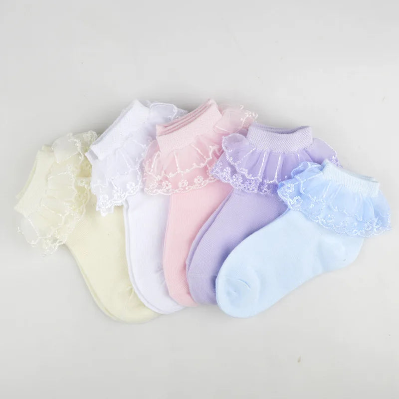 Pairs Cotton Lace Ruffle Princess Mesh Breathable Socks Children Ankle Short Sock White Pink Blue Baby Girls Kids Toddler